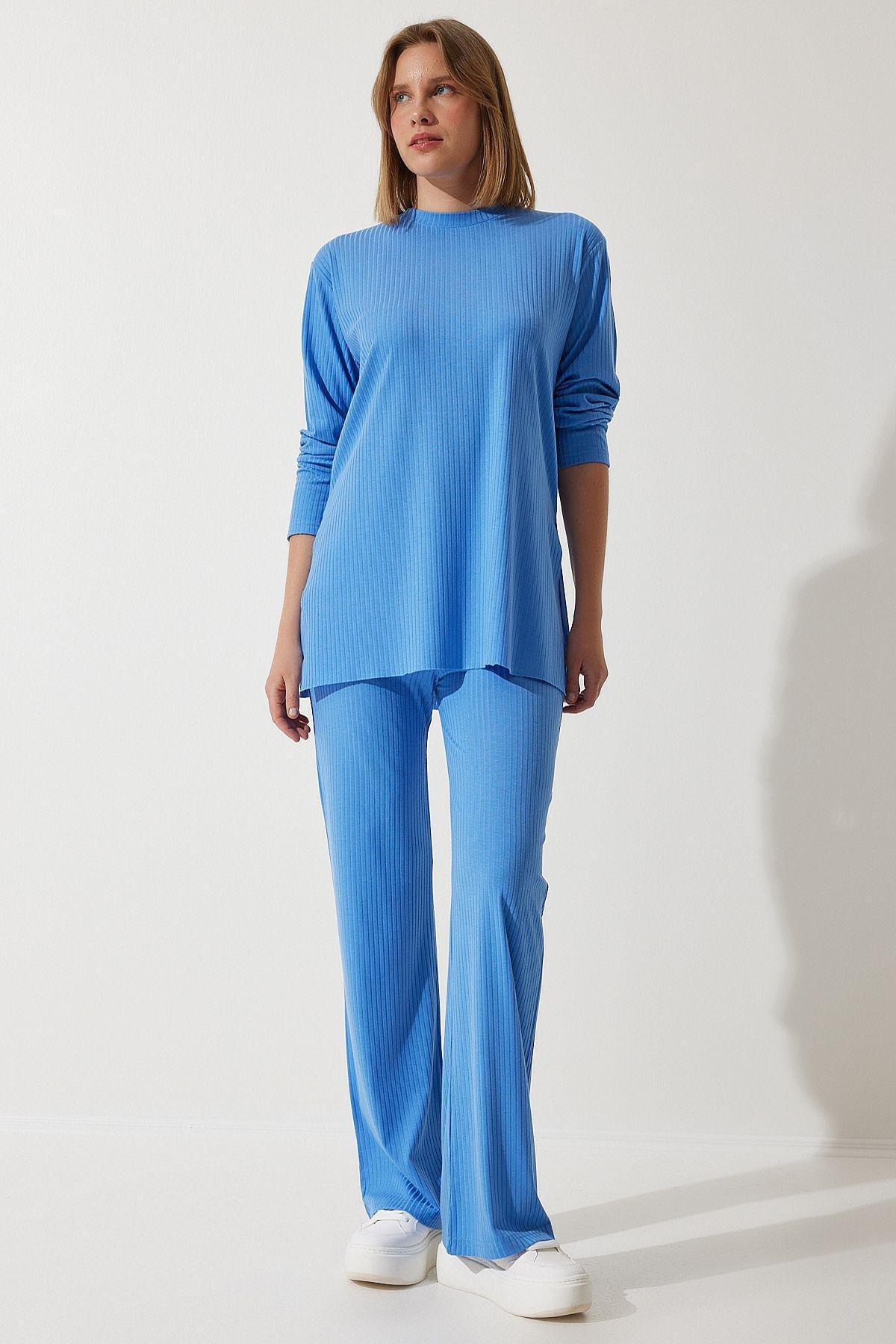 Blue Ribbed Knitted Co-Ord Set, SKY BLUE, large image number 1