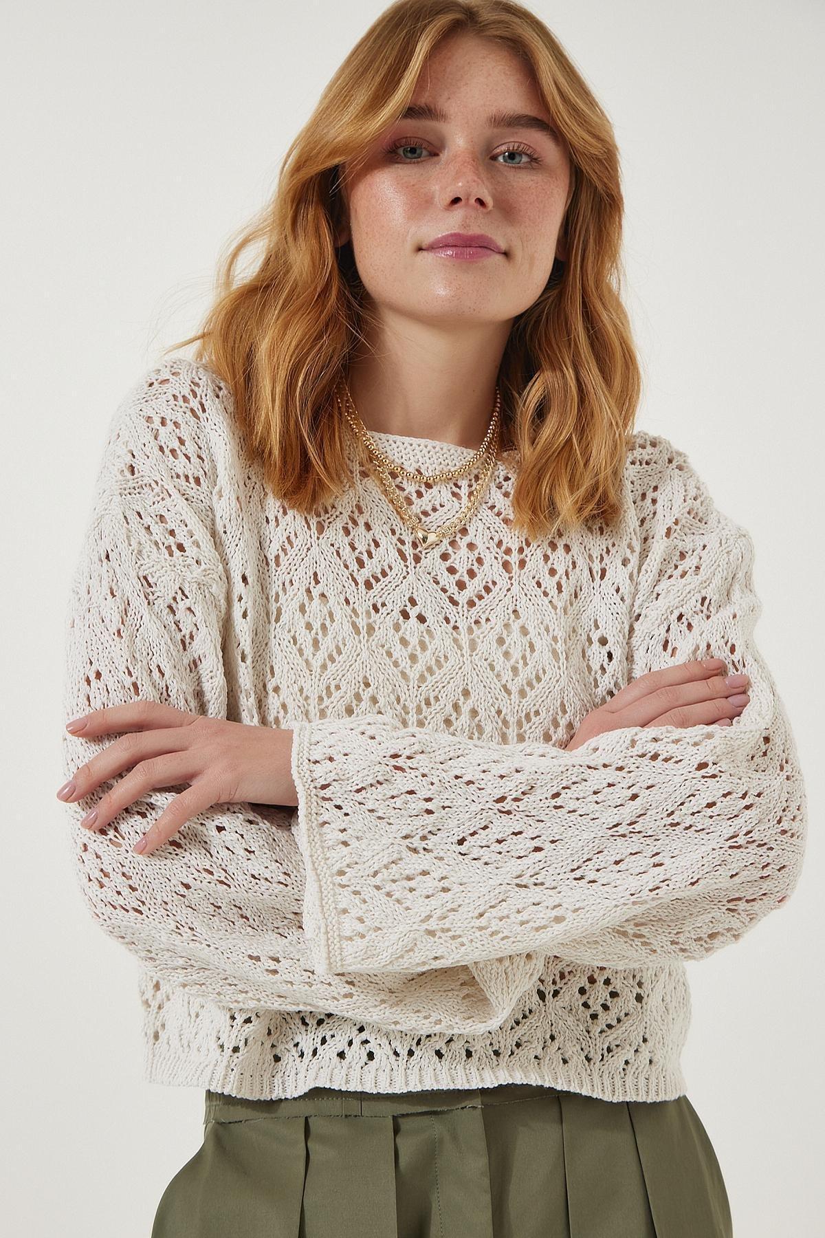 Cream Boat Neck Crop Knitwear Sweater, Cream, large image number 0