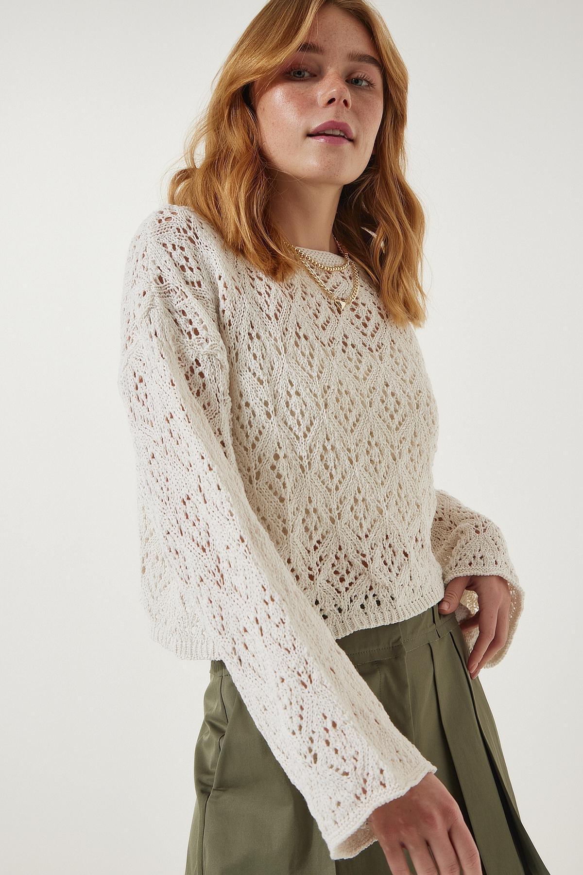 Cream Boat Neck Crop Knitwear Sweater, Cream, large image number 1