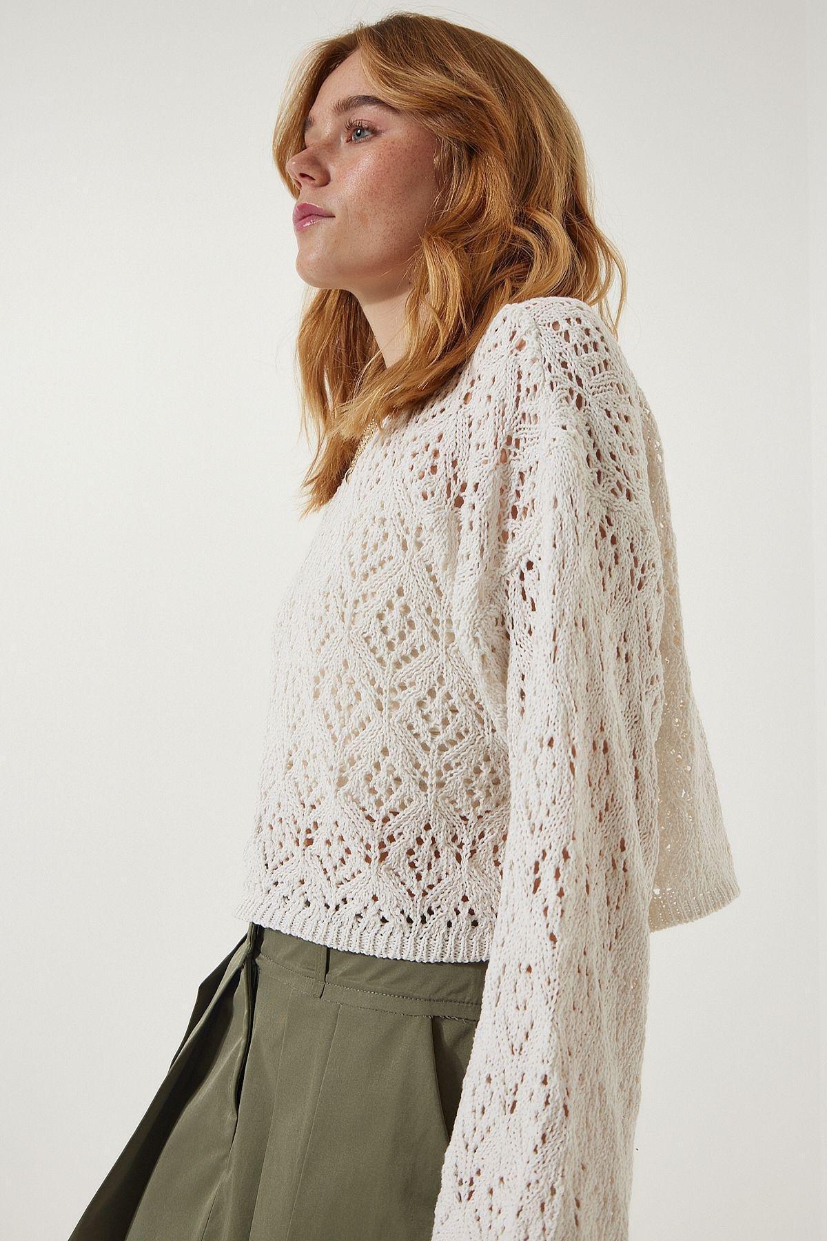 Cream Boat Neck Crop Knitwear Sweater, Cream, large image number 2