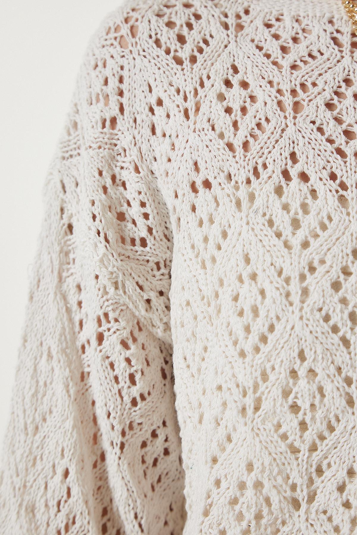 Cream Boat Neck Crop Knitwear Sweater, Cream, large image number 3