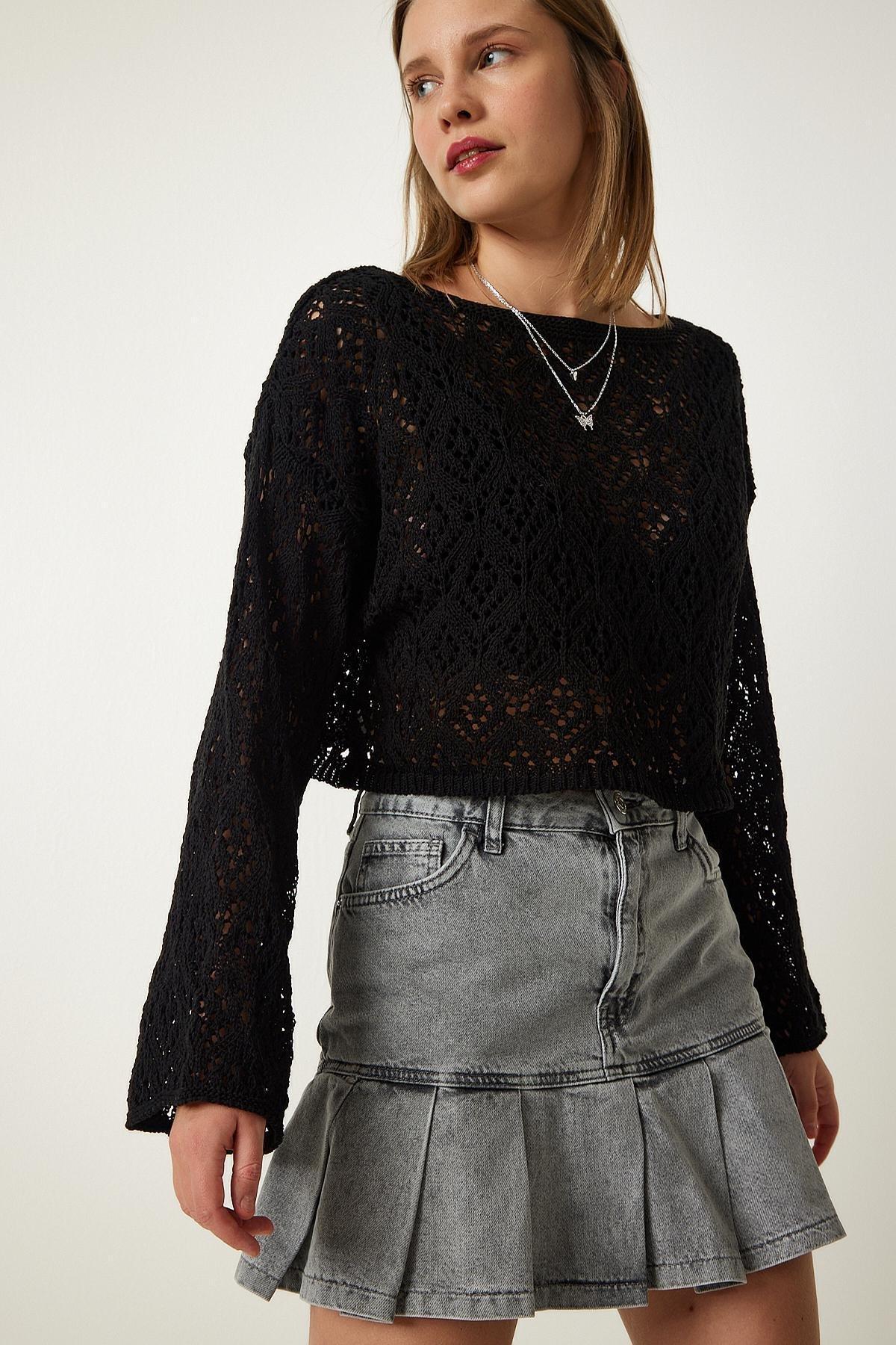 Black Boat Neck Openwork Knitted Sweater, BLACK, large image number 0