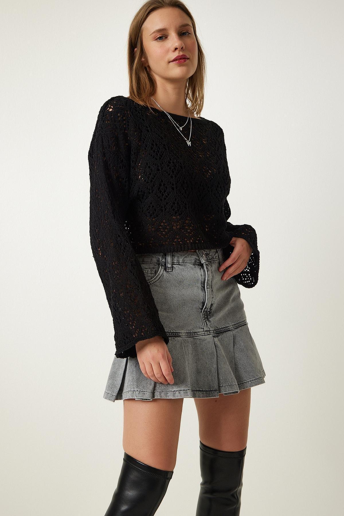 Black Boat Neck Openwork Knitted Sweater, BLACK, large image number 2