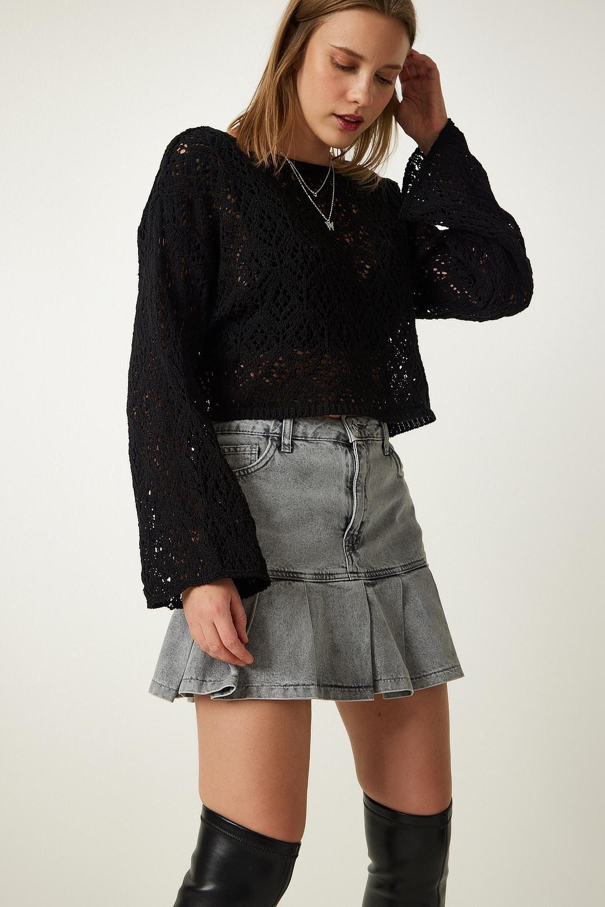 Black Boat Neck Openwork Knitted Sweater, BLACK, large image number 3