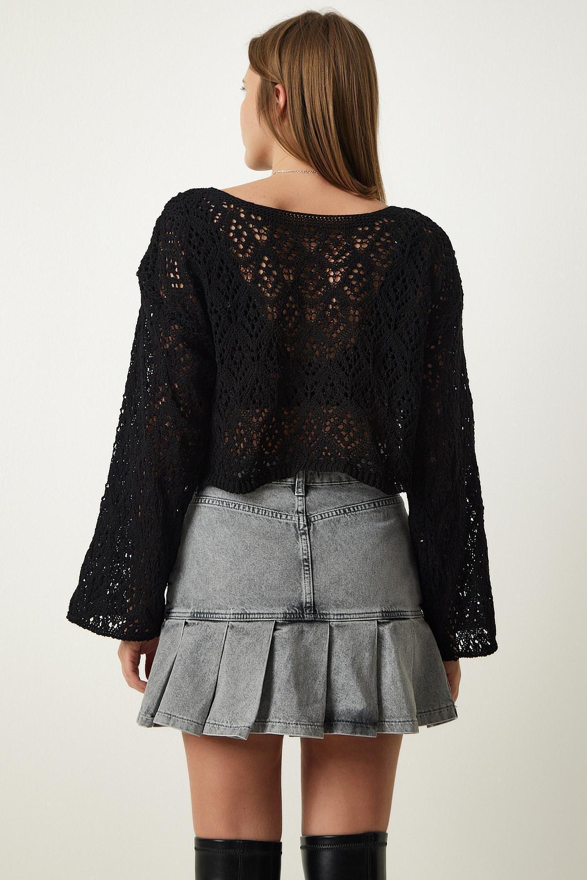 Black Boat Neck Openwork Knitted Sweater, BLACK, large image number 5