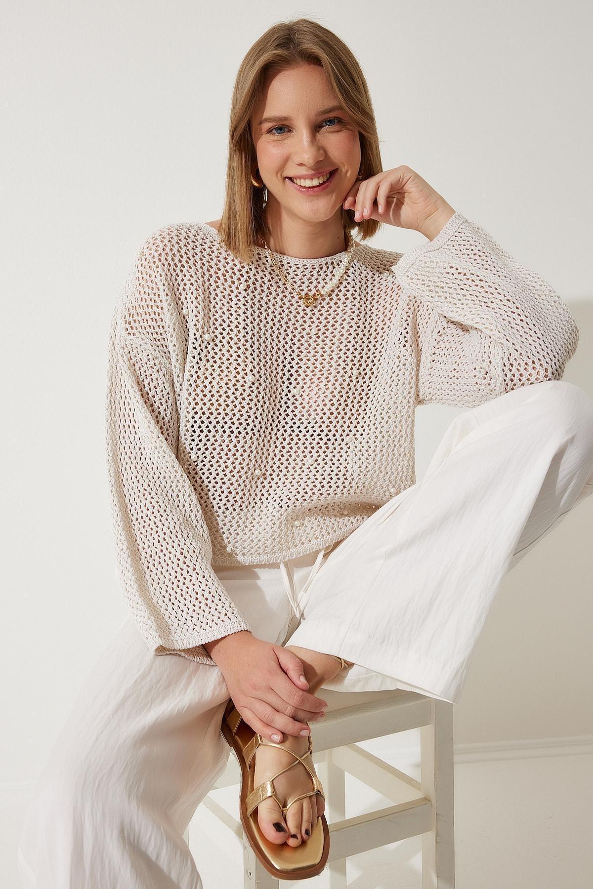 White Detailed Openwork Knitted Sweater, Cream, large image number 0