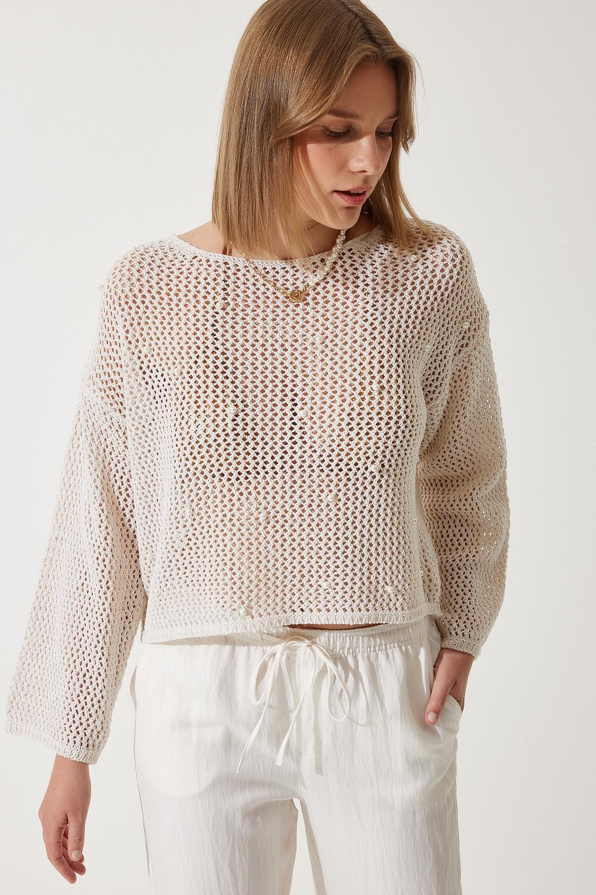 White Detailed Openwork Knitted Sweater, Cream, large image number 1