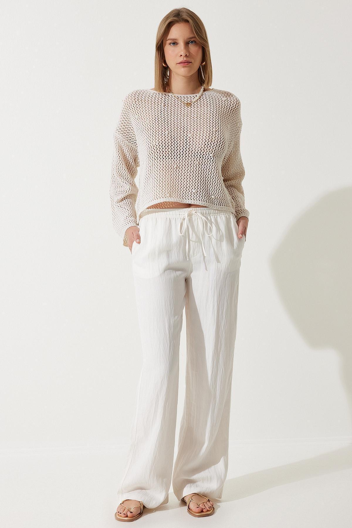 White Detailed Openwork Knitted Sweater, Cream, large image number 2