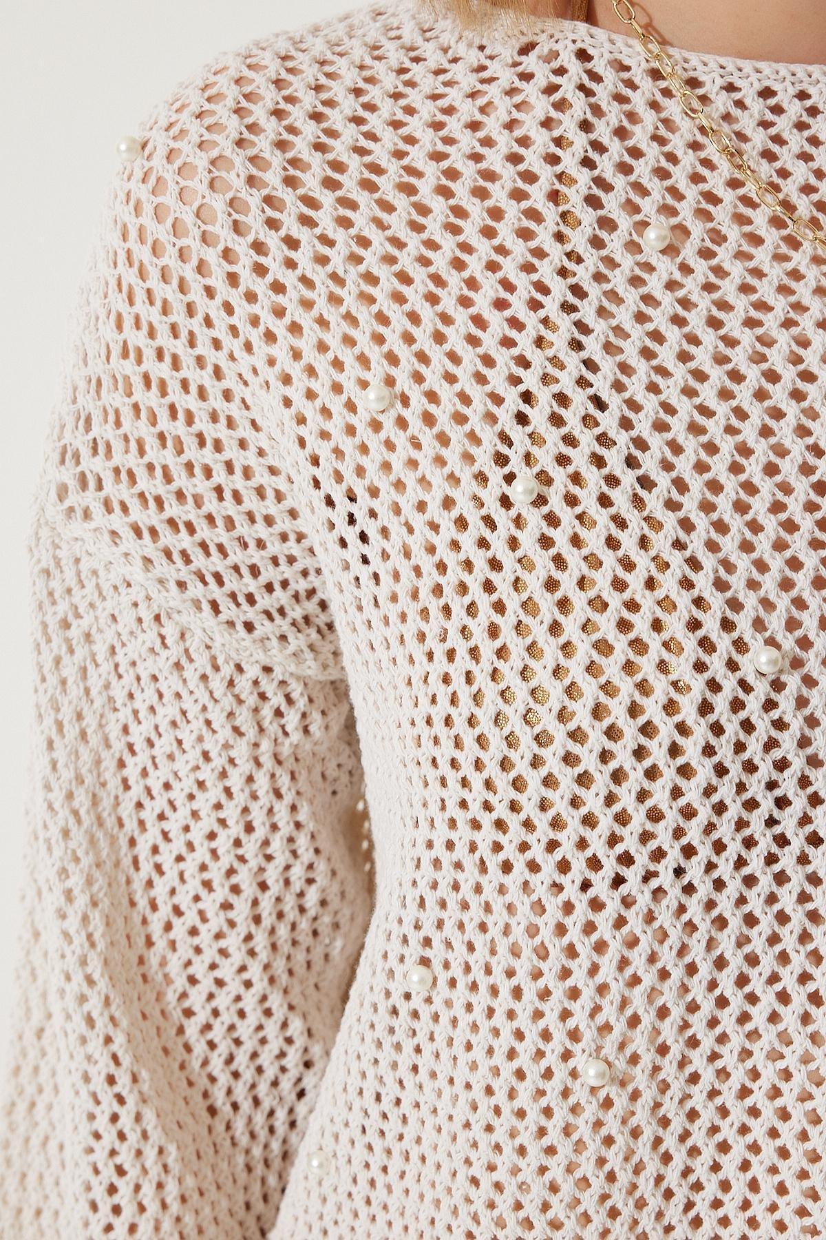 White Detailed Openwork Knitted Sweater, Cream, large image number 3