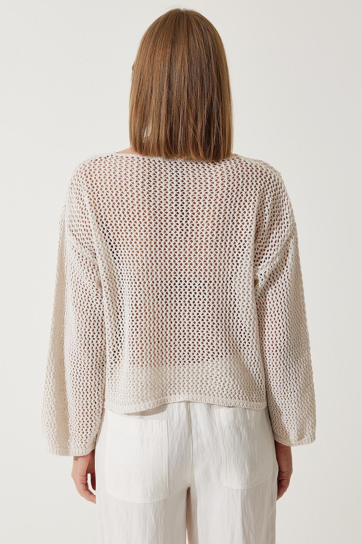 White Detailed Openwork Knitted Sweater, Cream, large image number 4