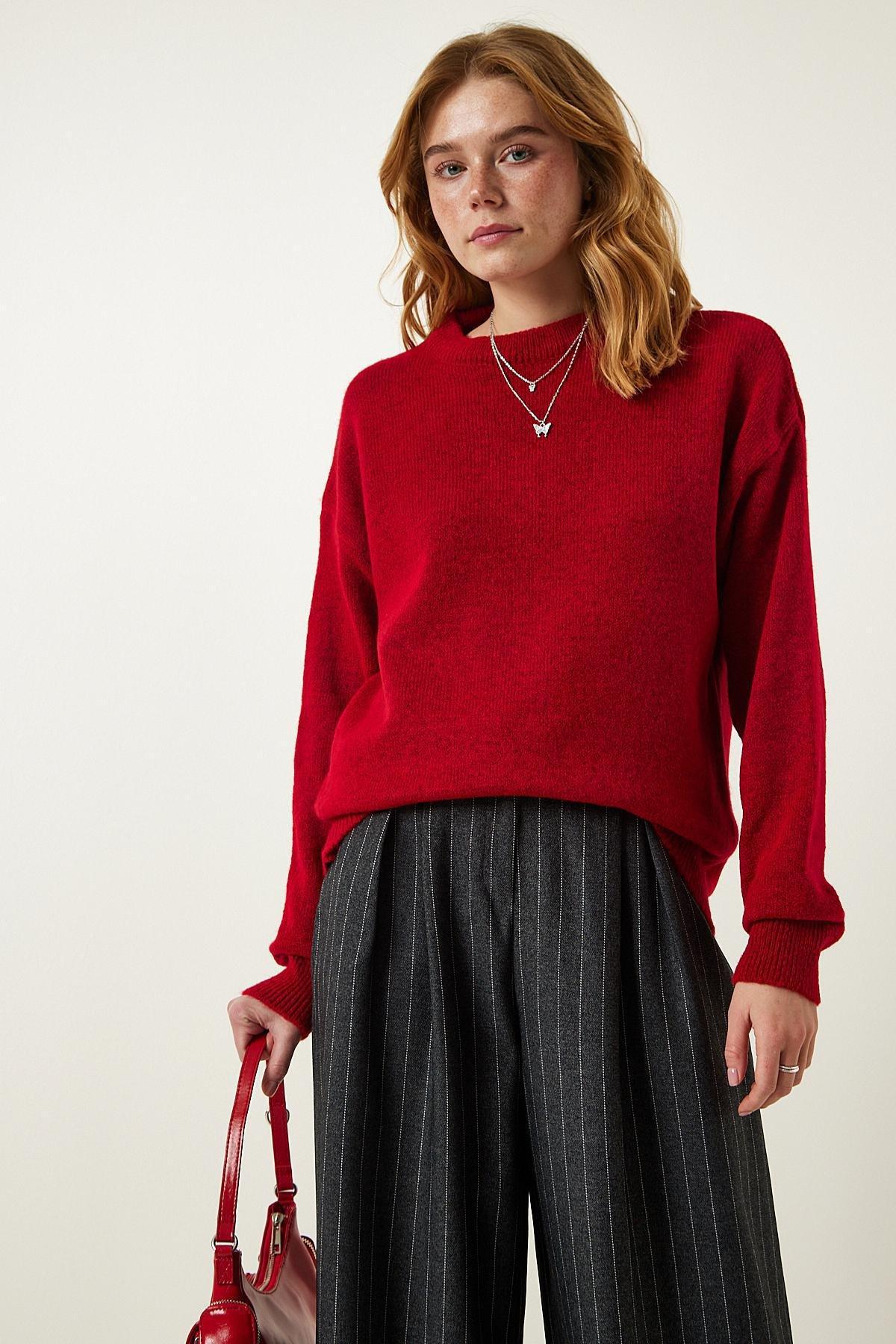 Red Crew Neck Knitted Sweater, Red, large image number 1