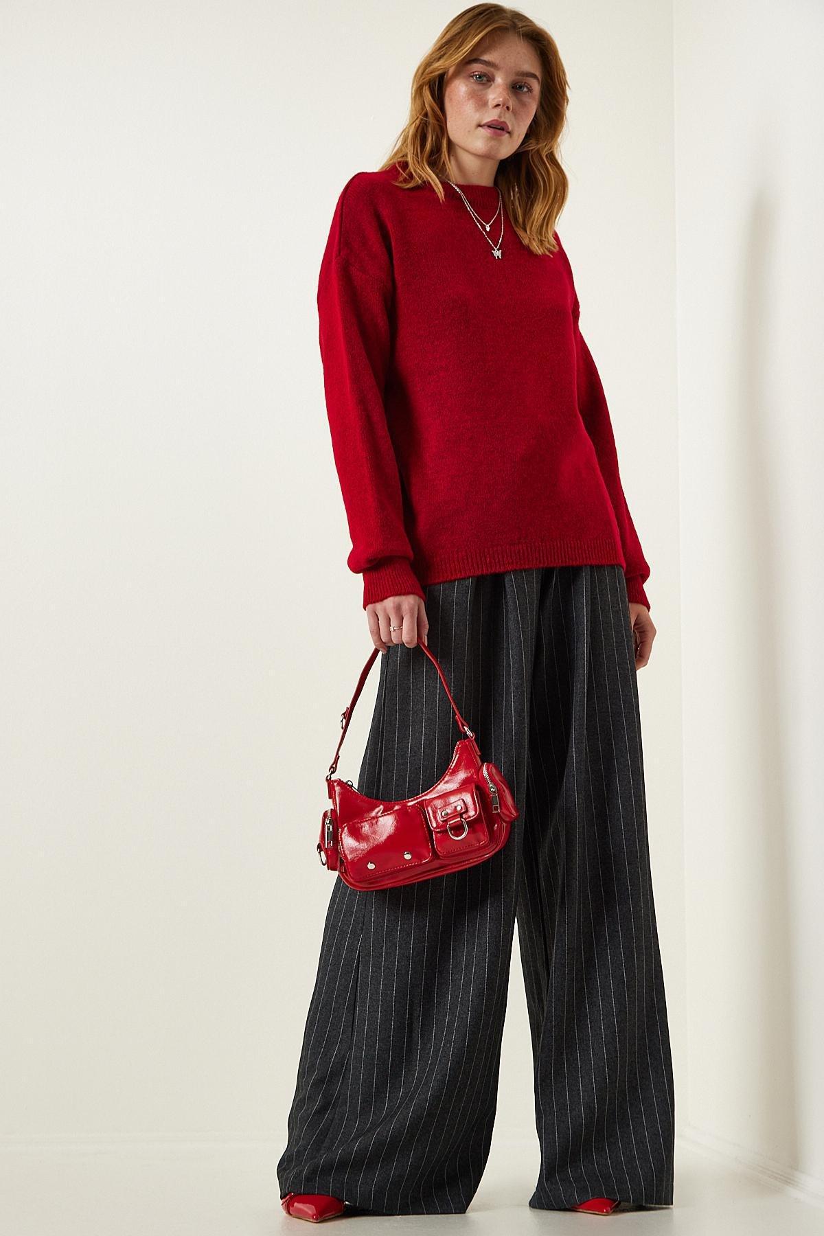 Red Crew Neck Knitted Sweater, Red, large image number 2