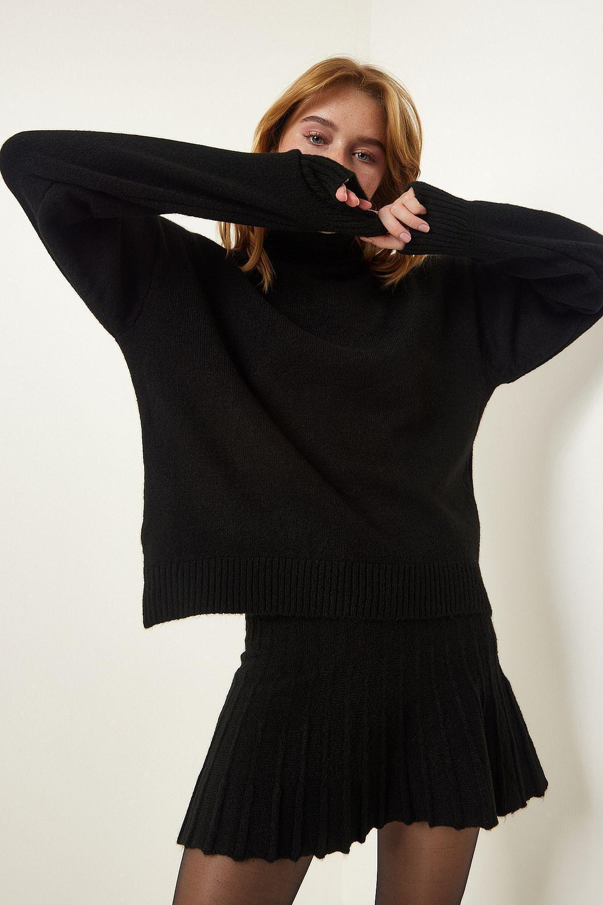 Womens Black Turtleneck Sweater Skirt Knitwear Suit YY00195, 2s, BLACK, large image number 2