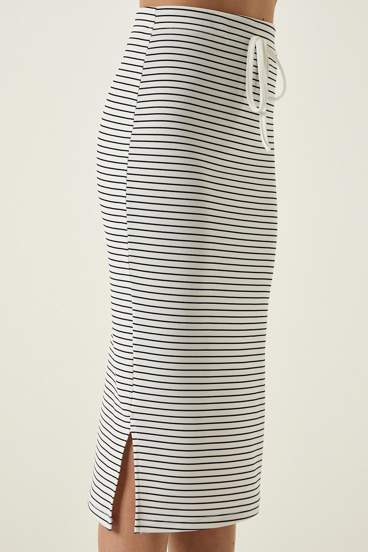 White Striped Wrap Knitted Skirt, , large image number 5