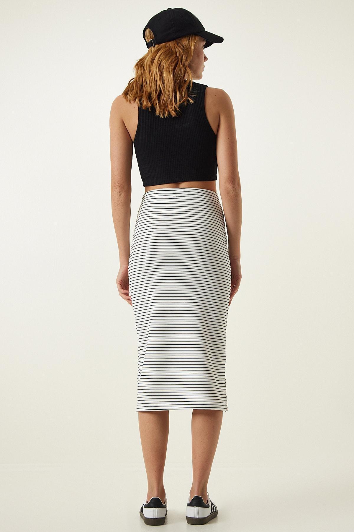 White Striped Wrap Knitted Skirt, , large image number 7