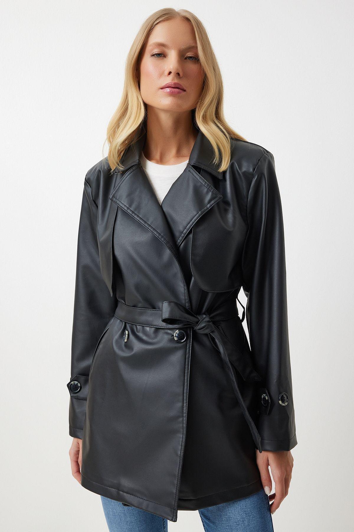 Black Double Breasted Collared Coat, , large image number 0