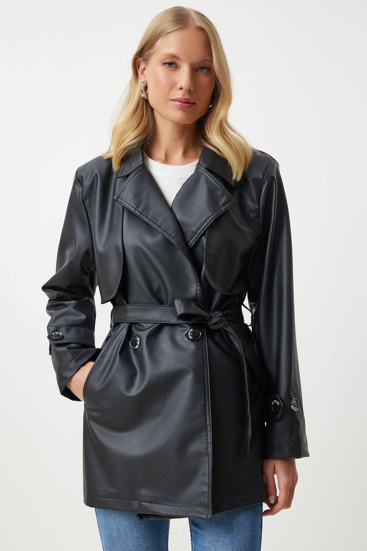 Black Double Breasted Collared Coat, , large image number 2