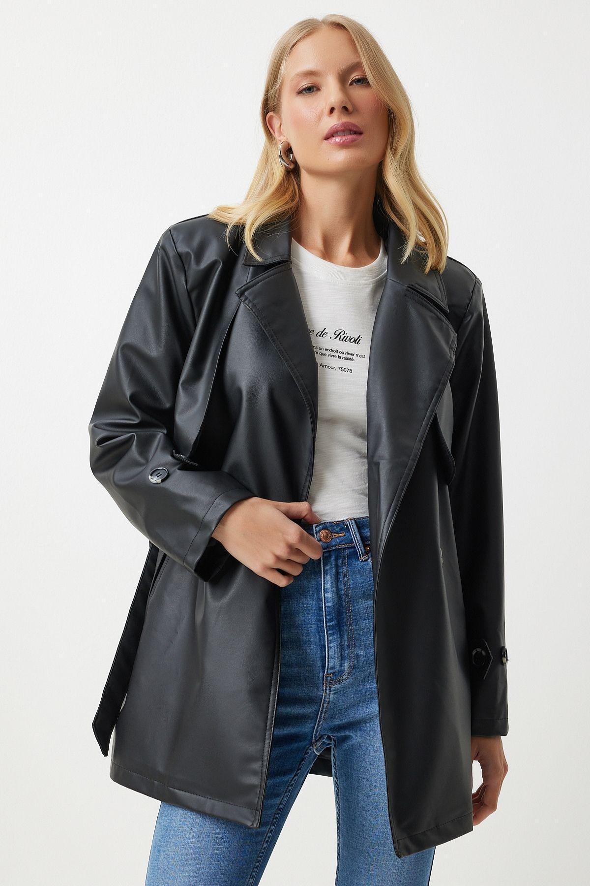 Black Double Breasted Collared Coat, , large image number 3