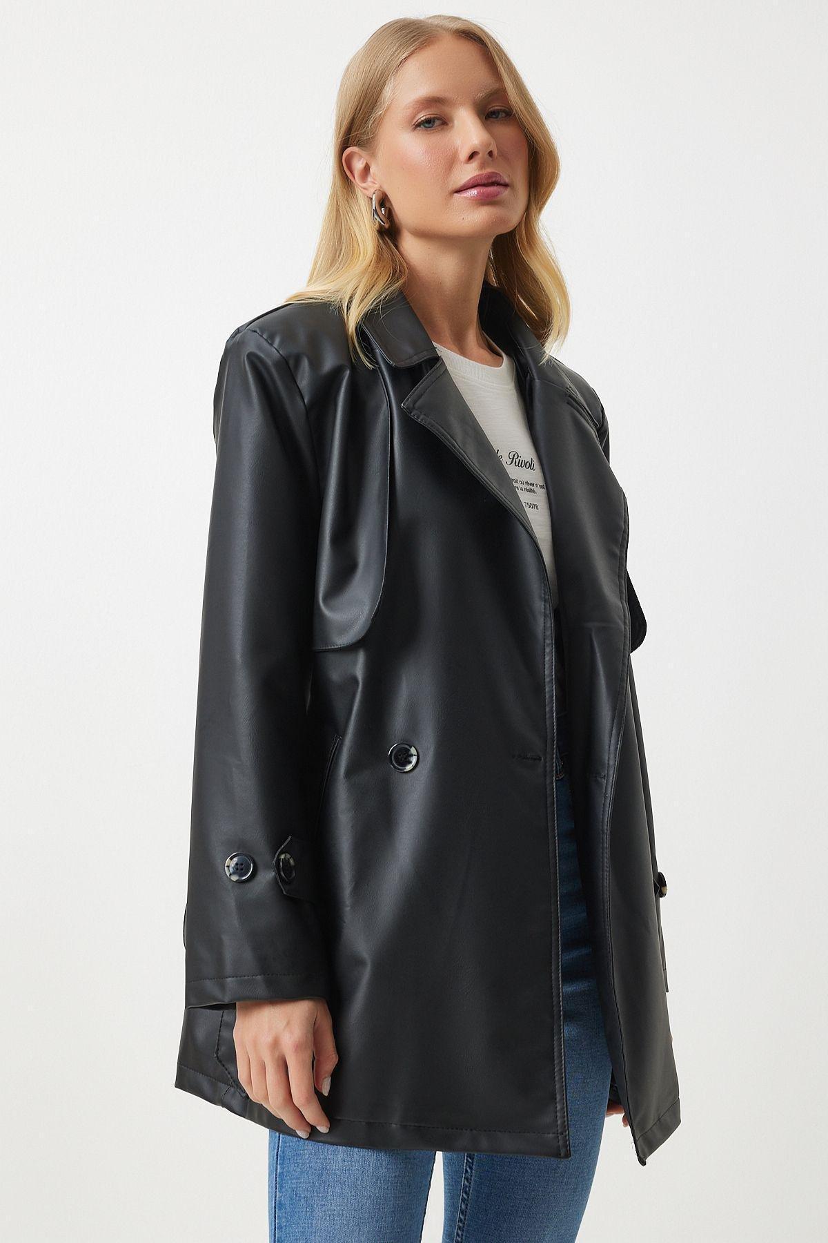 Black Double Breasted Collared Coat, , large image number 4