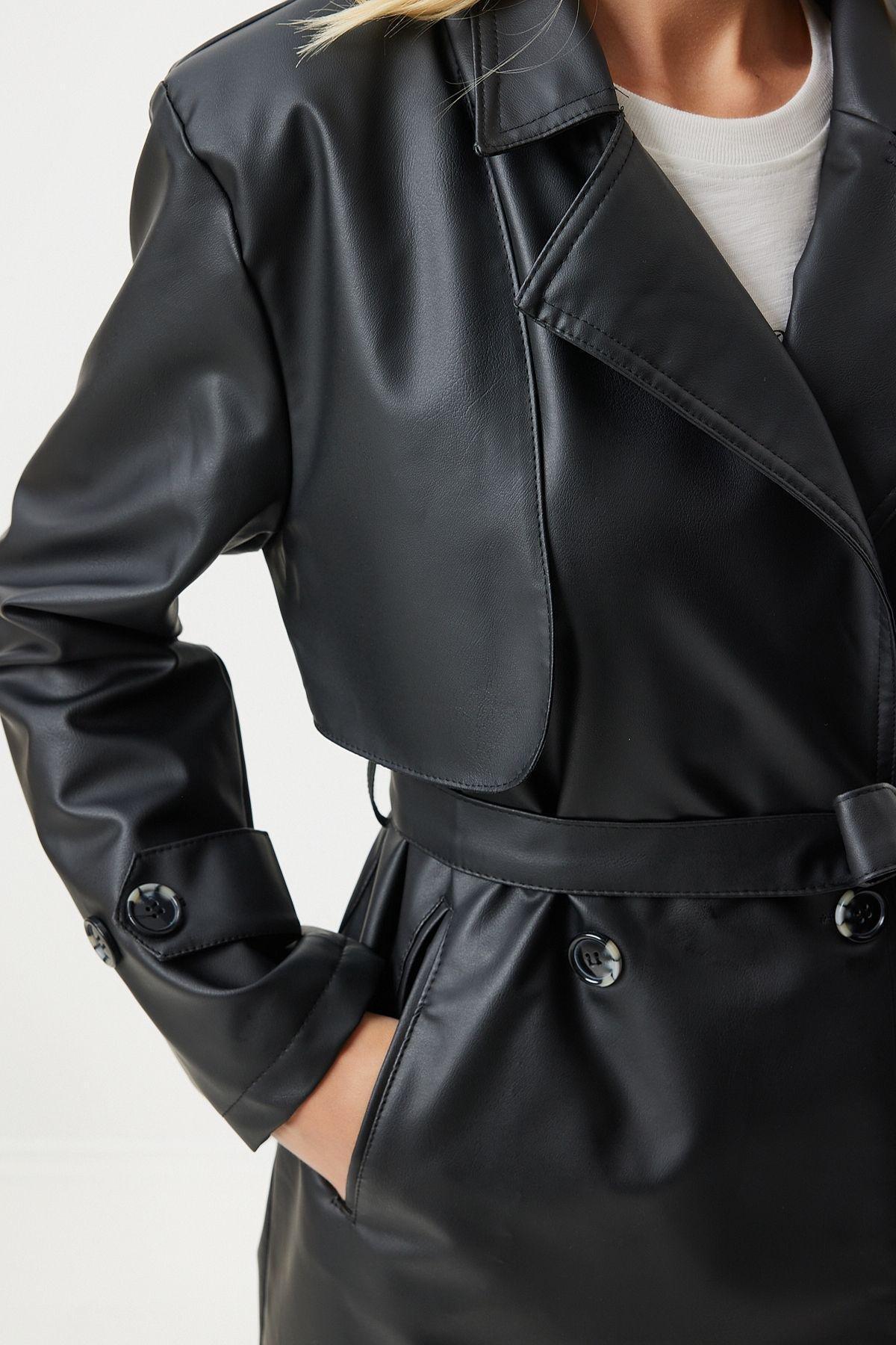 Black Double Breasted Collared Coat, , large image number 5