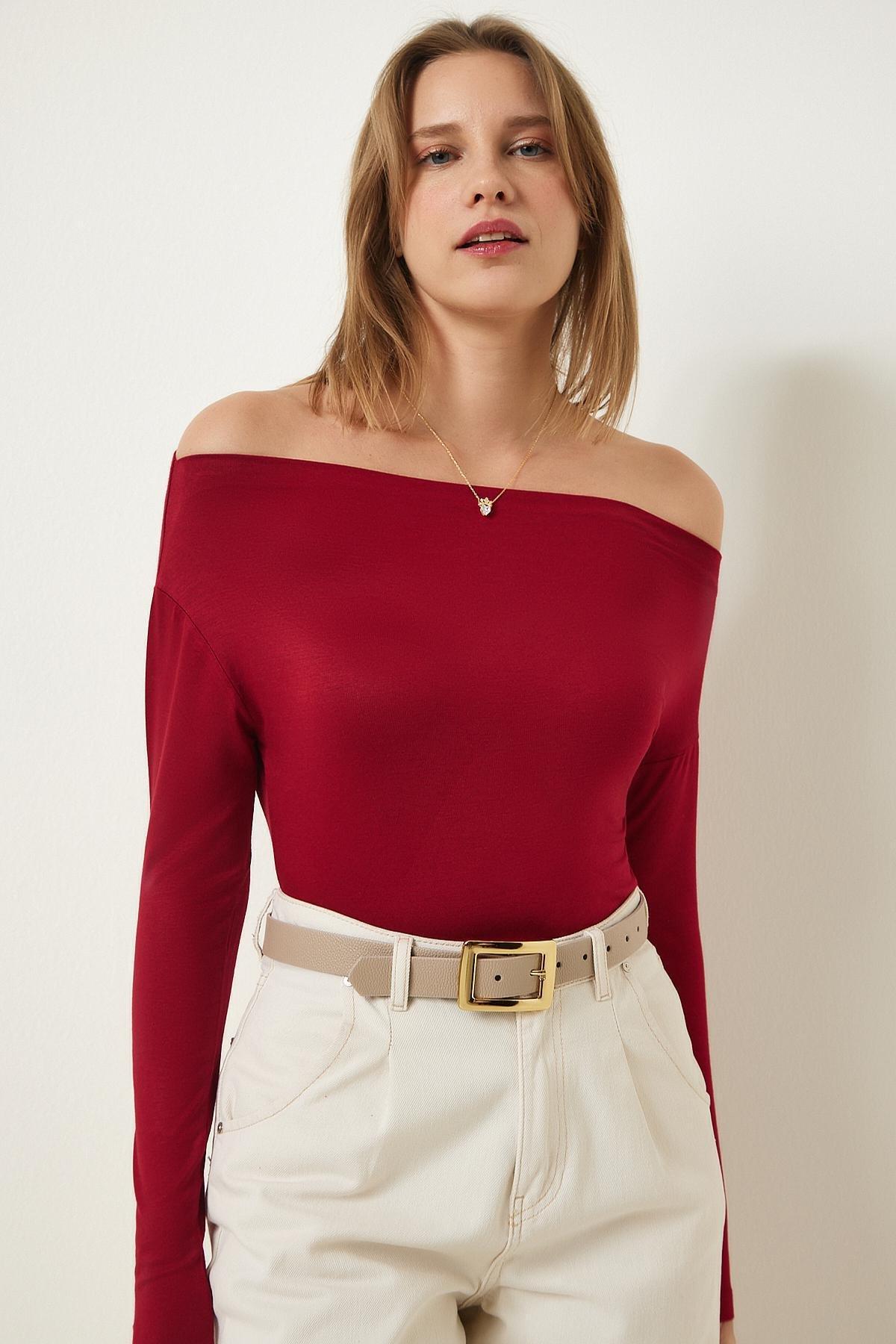 Burgundy Boat Neck Knitted Blouse, Burgundy, large image number 0