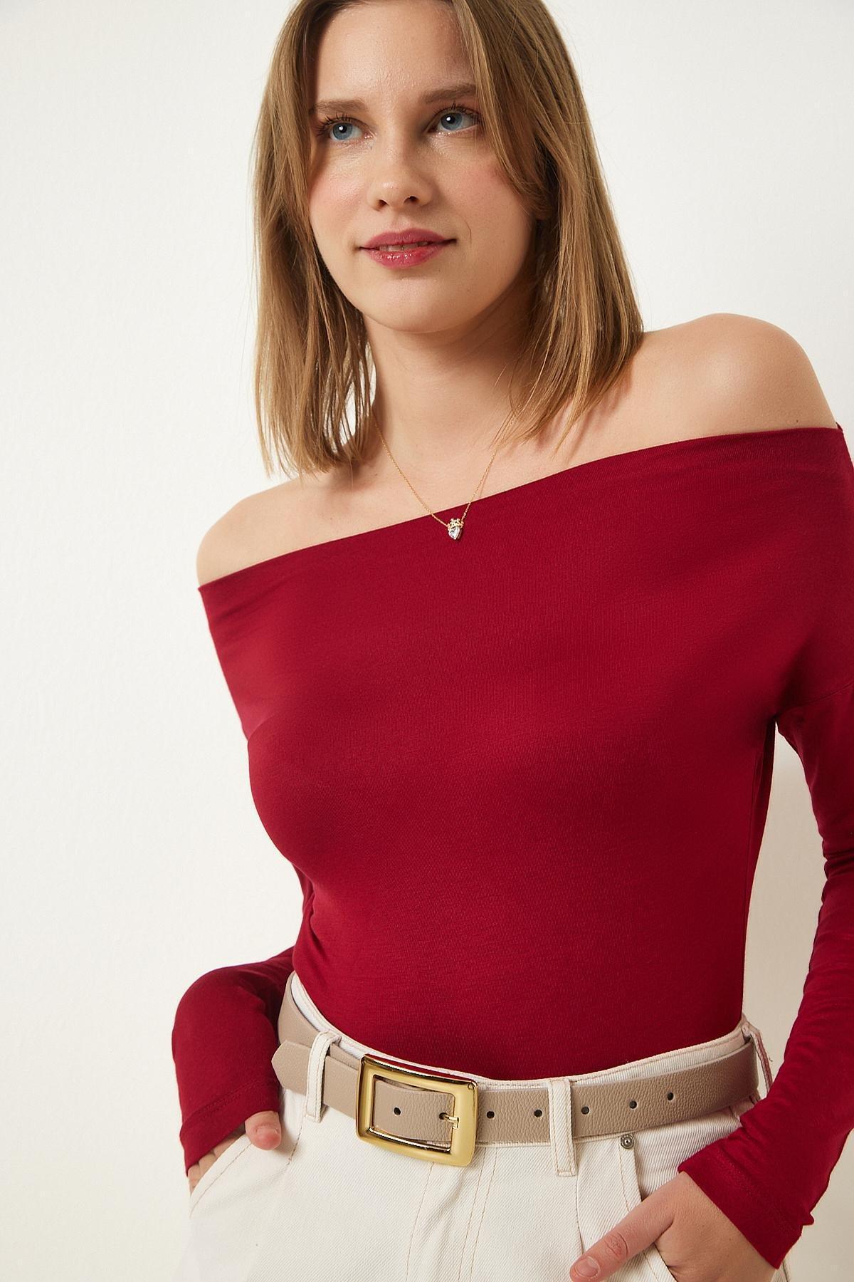 Burgundy Boat Neck Knitted Blouse, Burgundy, large image number 2