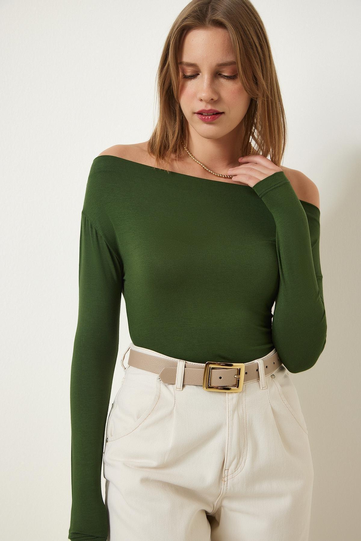 Khaki Boat Neck Knitted Blouse, Khaki, large image number 1