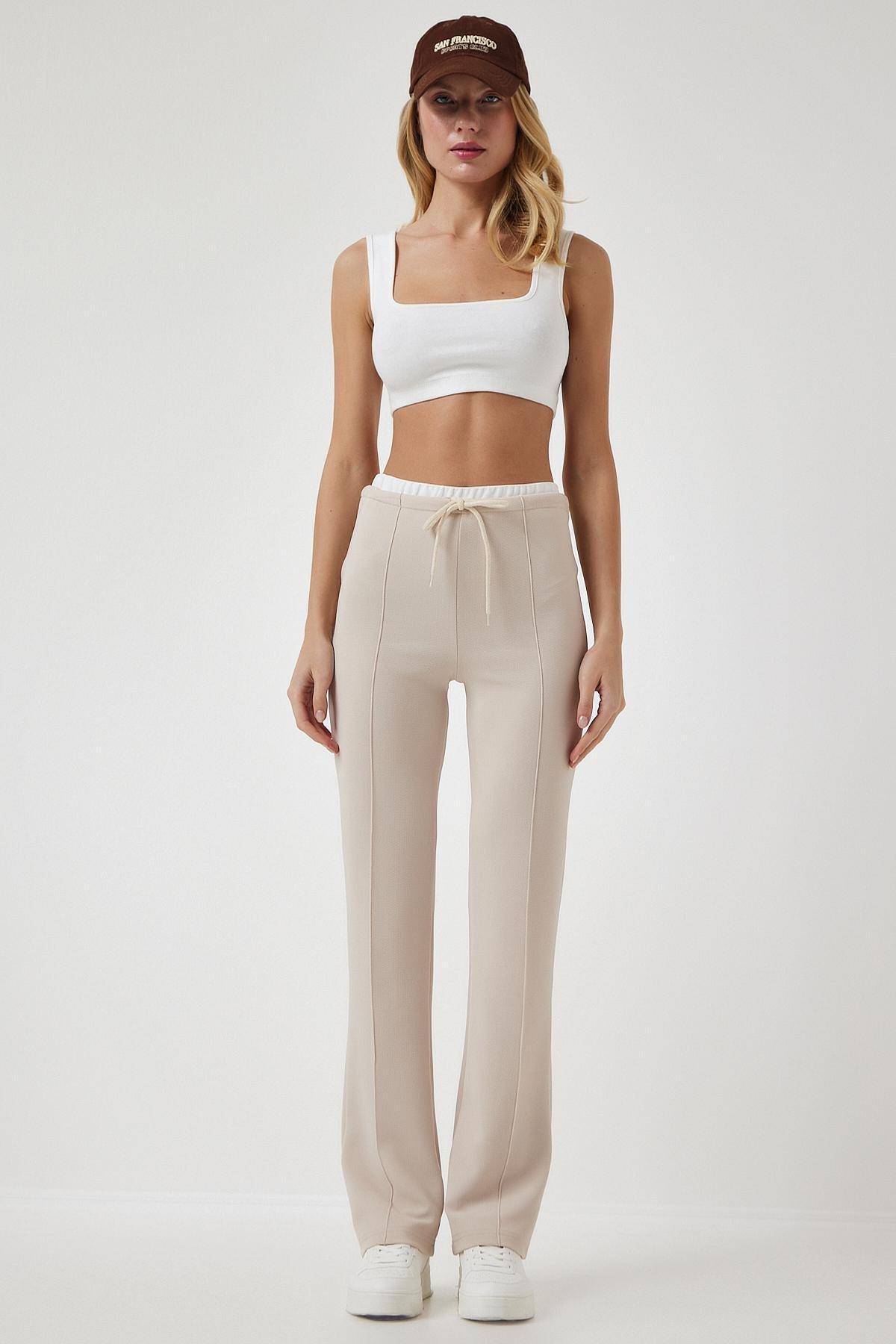 Cream Tie Detailed Knitted Trousers, Cream, large image number 0