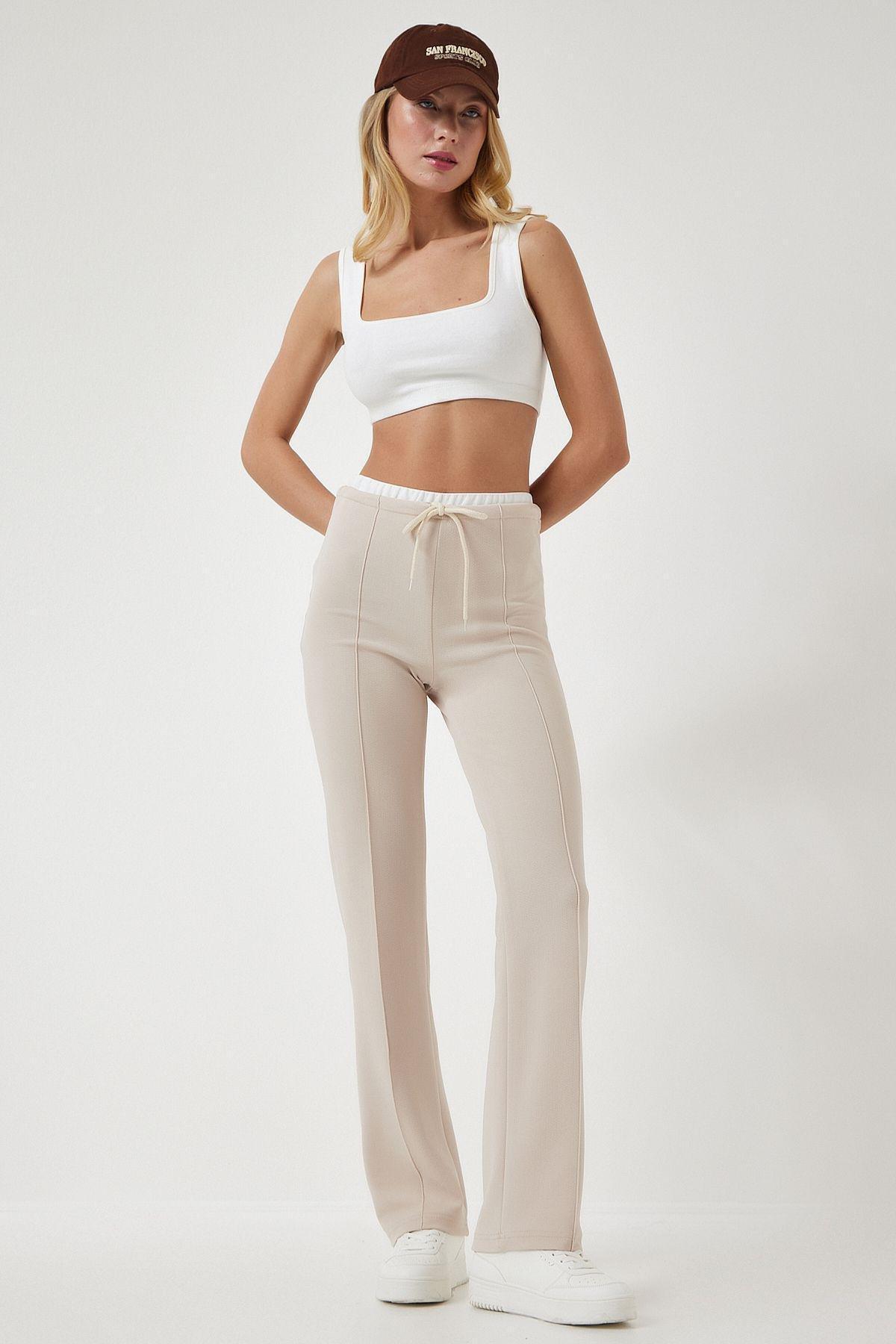 Cream Tie Detailed Knitted Trousers, Cream, large image number 2