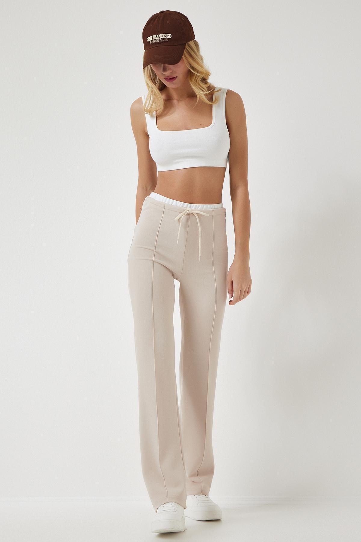 Cream Tie Detailed Knitted Trousers, Cream, large image number 3