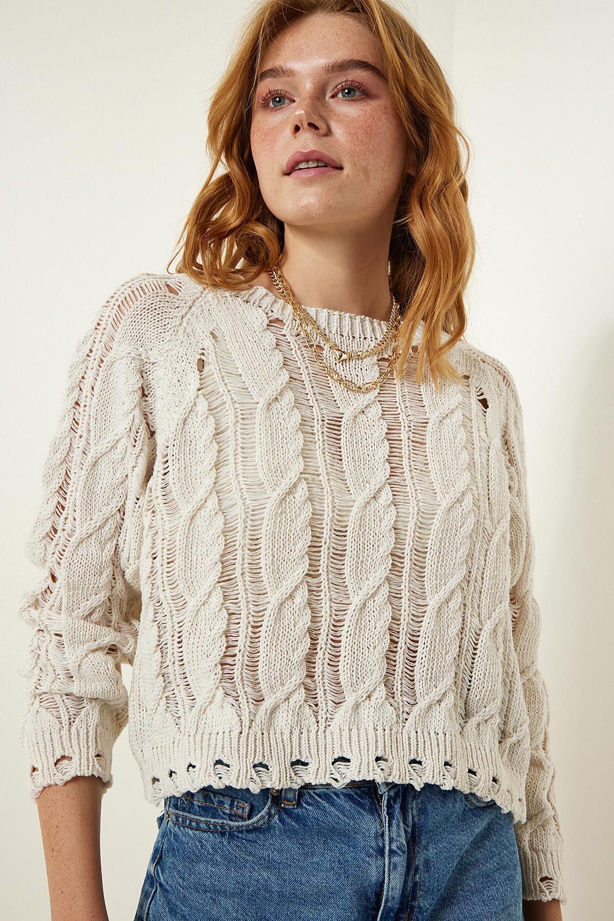White Openwork Knitted Sweater, C101_162, large image number 0