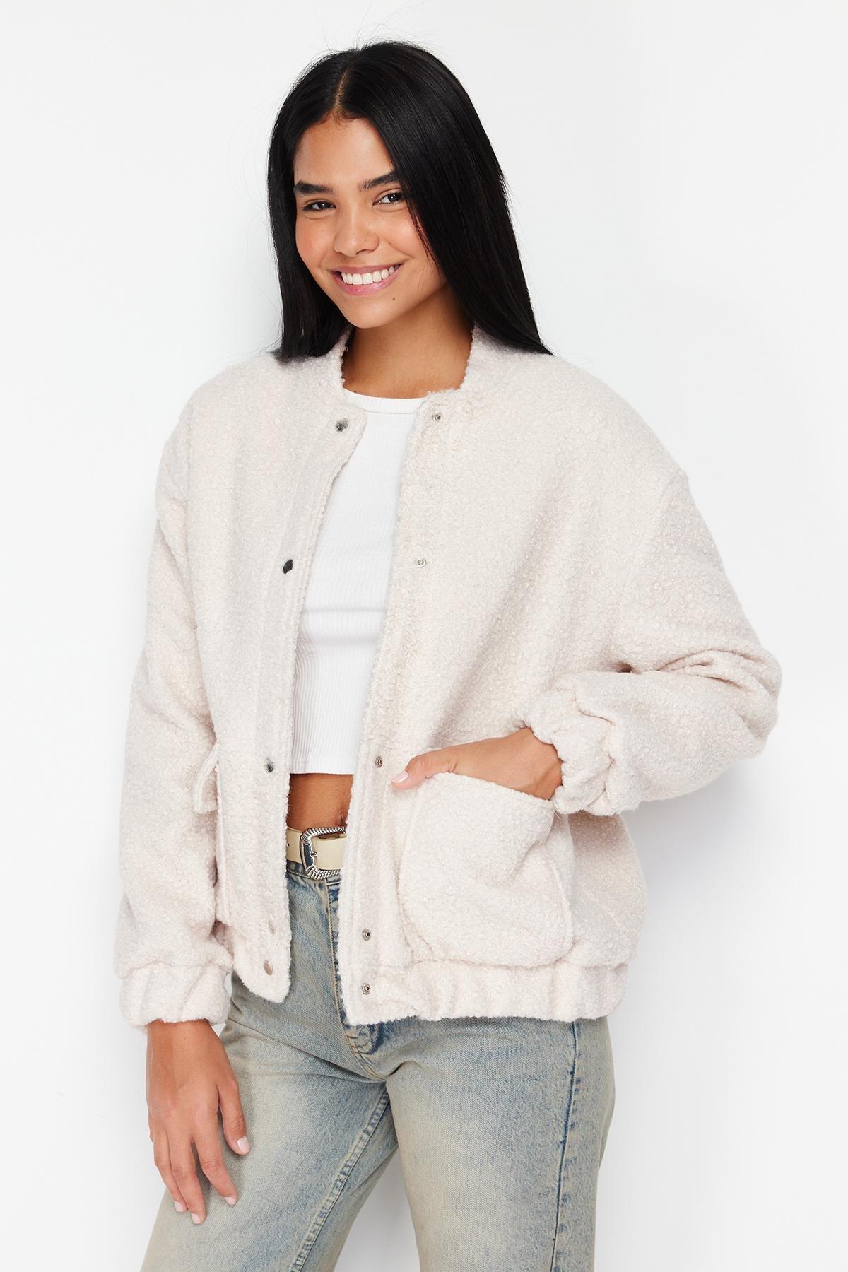 Ecru Oversize Boucle Coat, , large image number 1