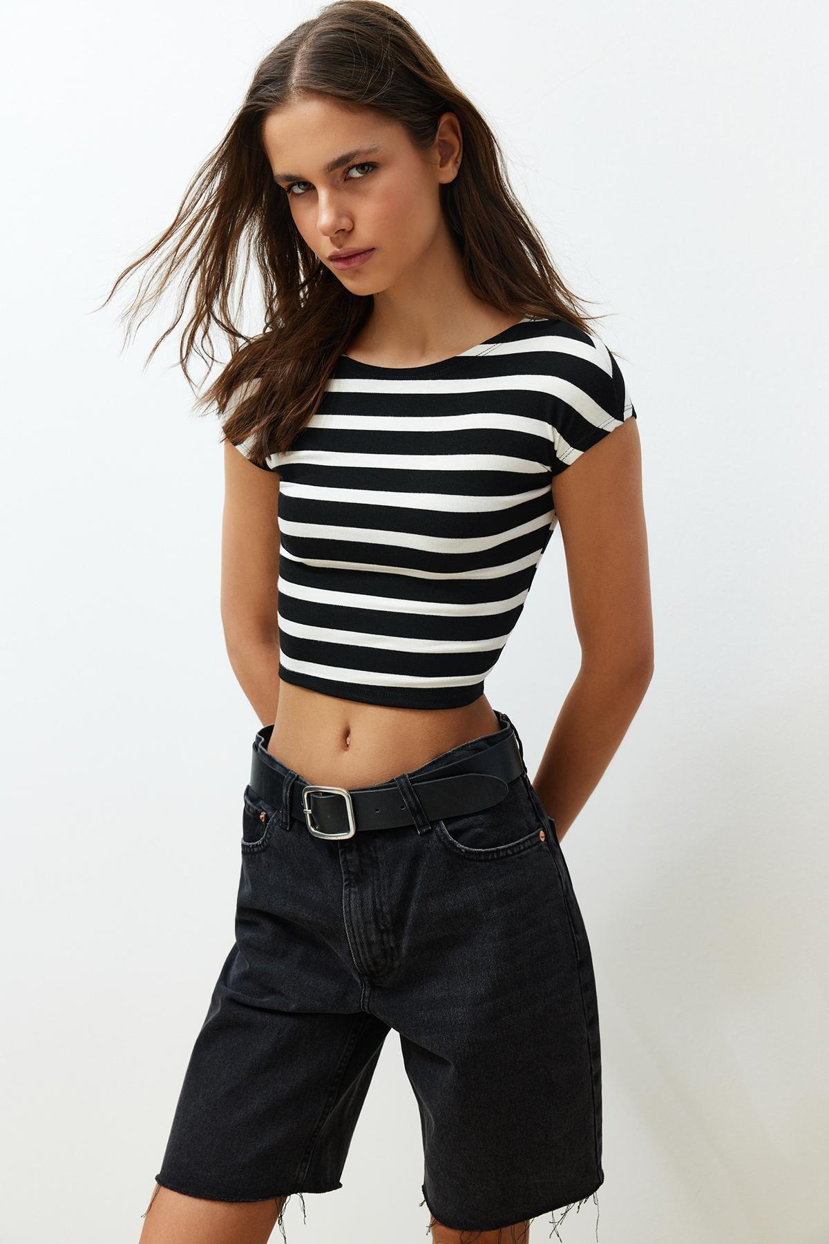Black Striped Crop Knitted Blouse, , medium