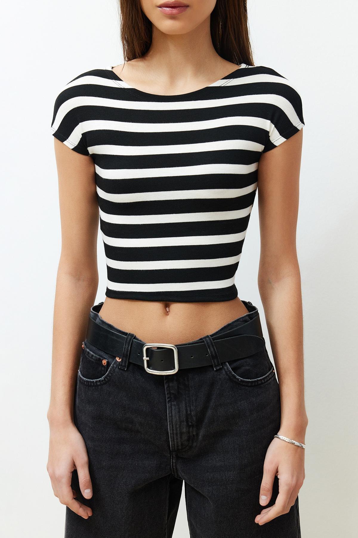 Black Striped Crop Knitted Blouse, , large image number 3