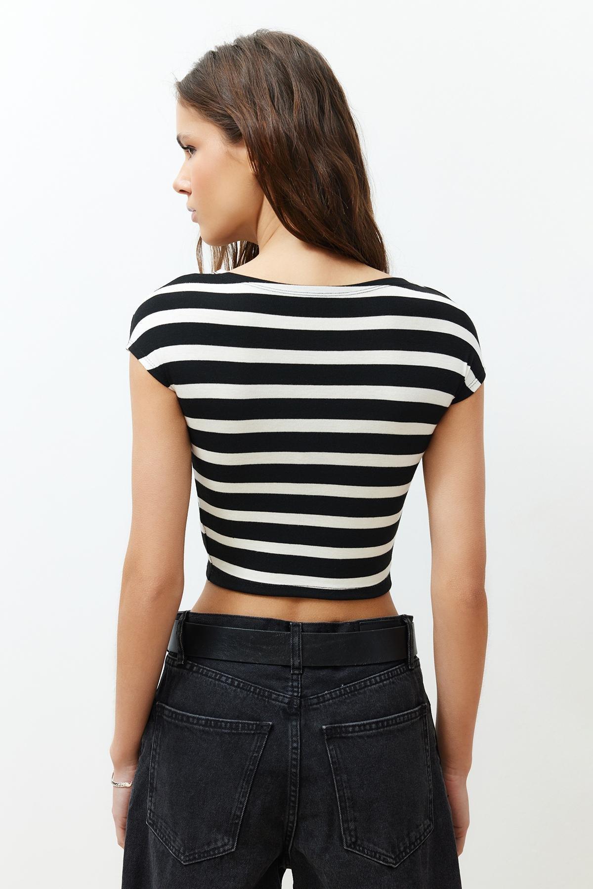 Black Striped Crop Knitted Blouse, , large image number 4