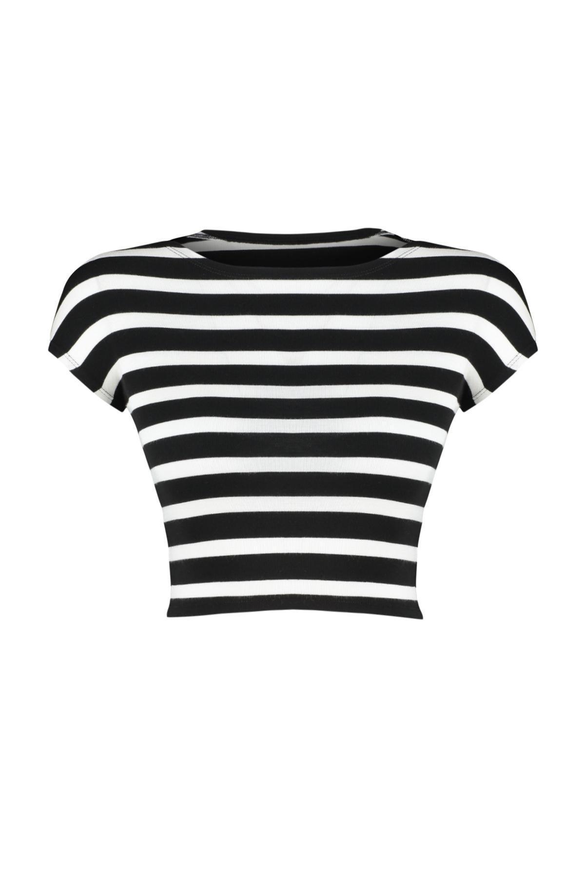Black Striped Crop Knitted Blouse, , large image number 5