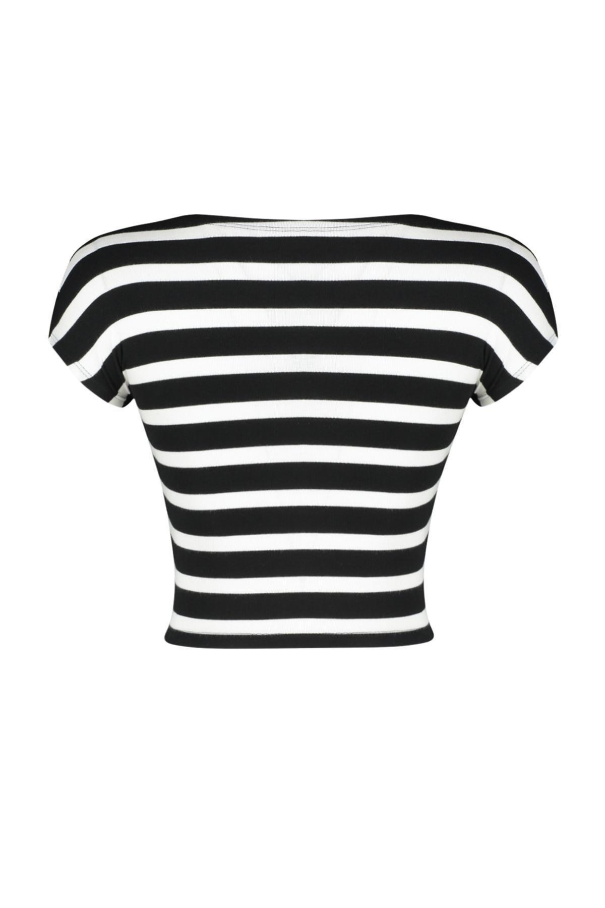 Black Striped Crop Knitted Blouse, , large image number 6