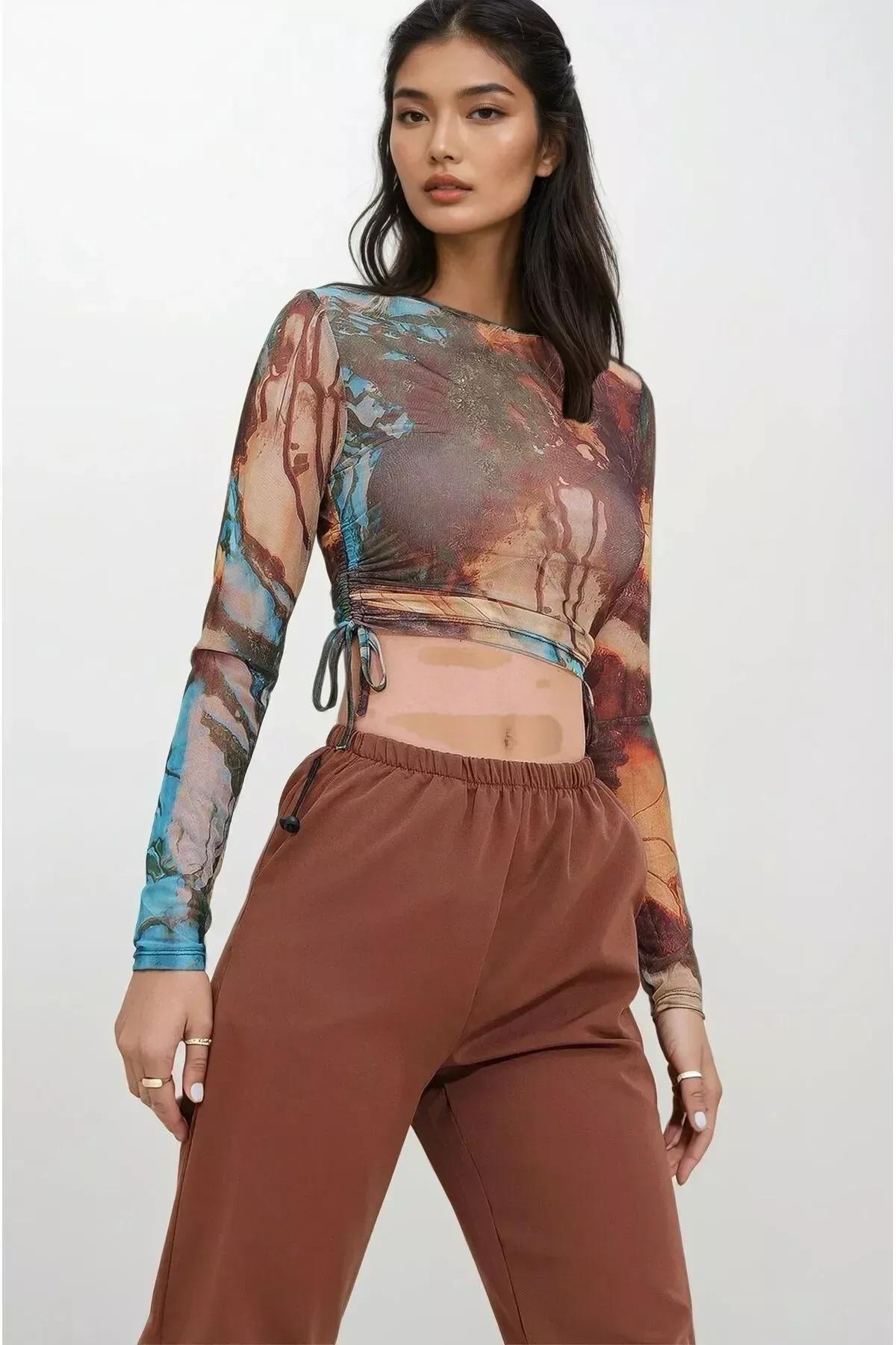 Brown Graphic Print Tie Front Blouse, COFFEE, large image number 0
