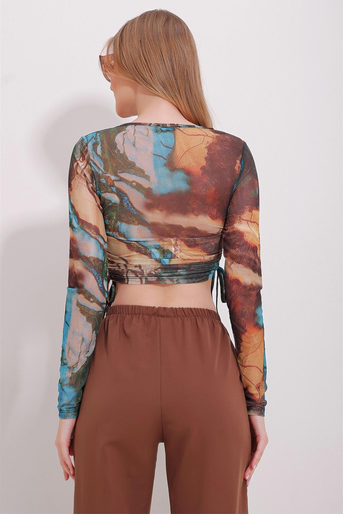 Brown Graphic Print Tie Front Blouse, COFFEE, large image number 5