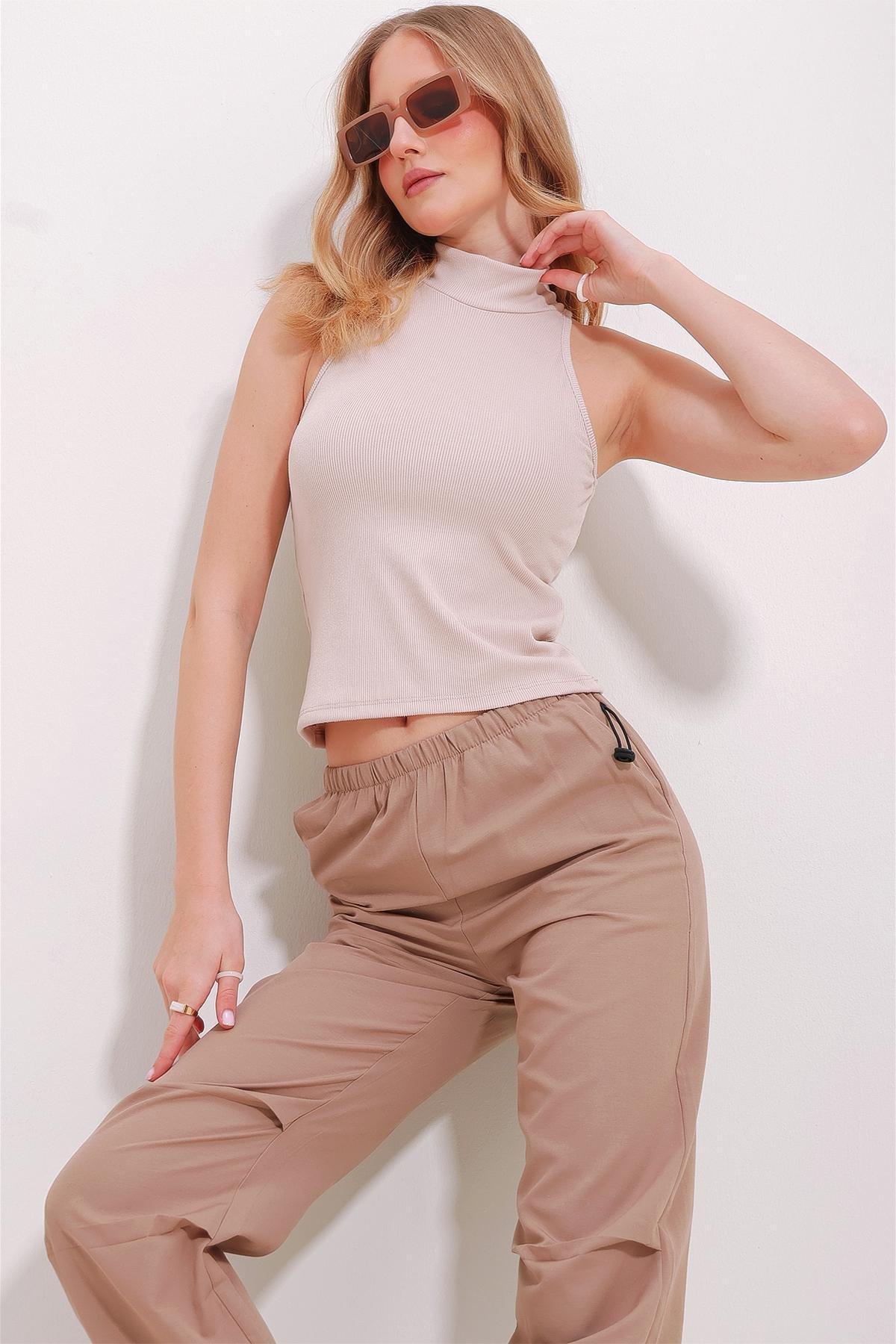 Beige High Neck Blouse, Beige, medium