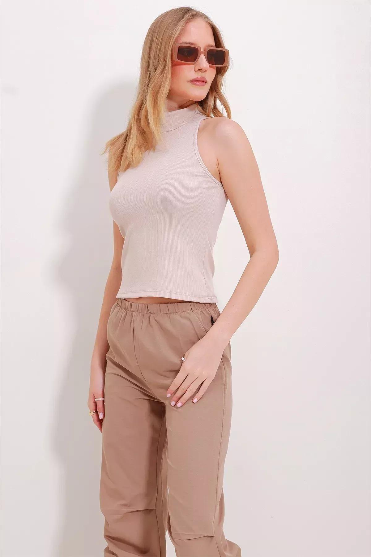 Beige High Neck Blouse, Beige, medium