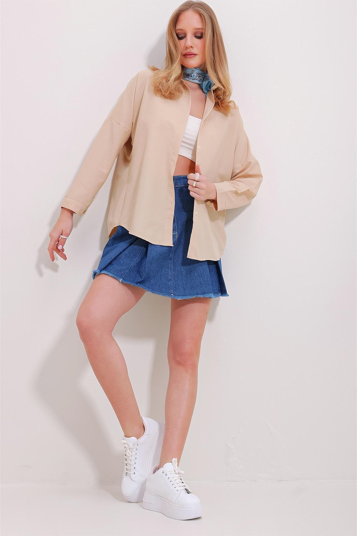 Beige Button-down Cuffed Shirt, Beige, large image number 3