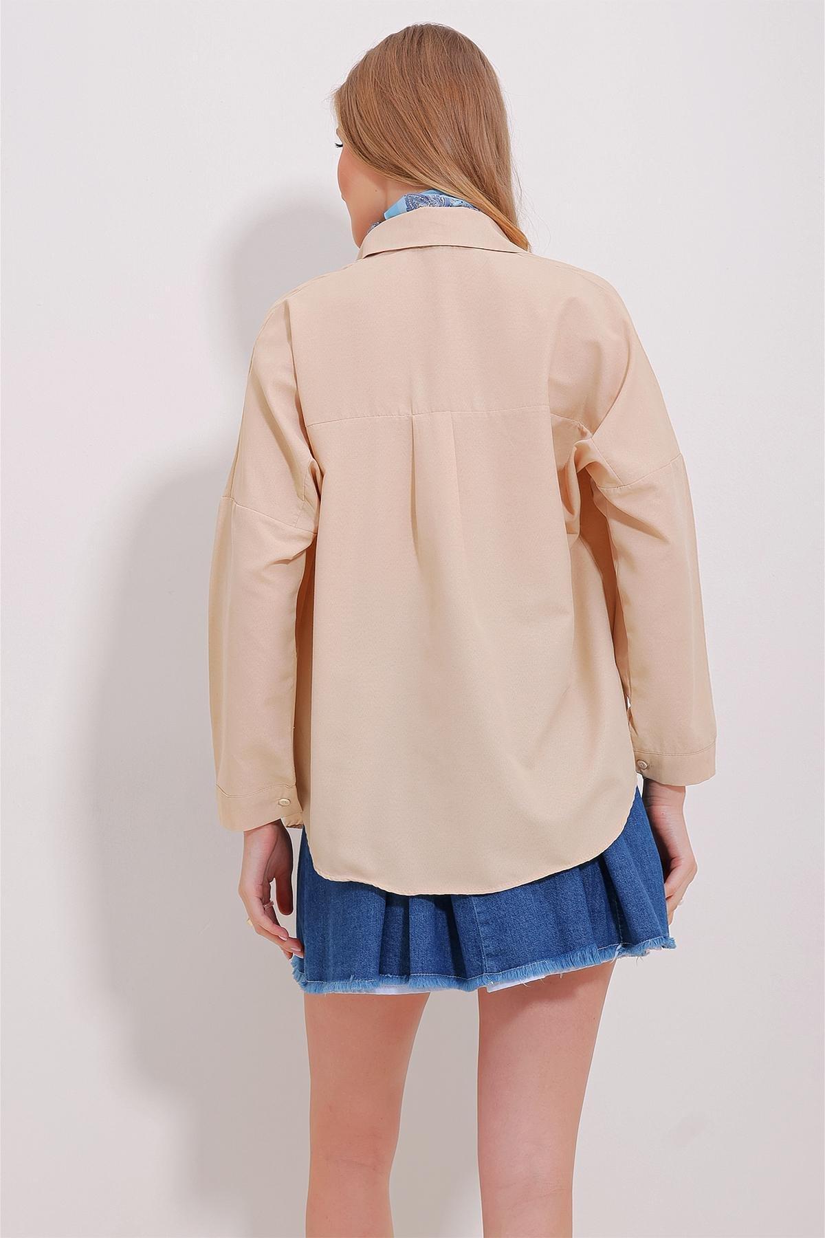 Beige Button-down Cuffed Shirt, Beige, large image number 6