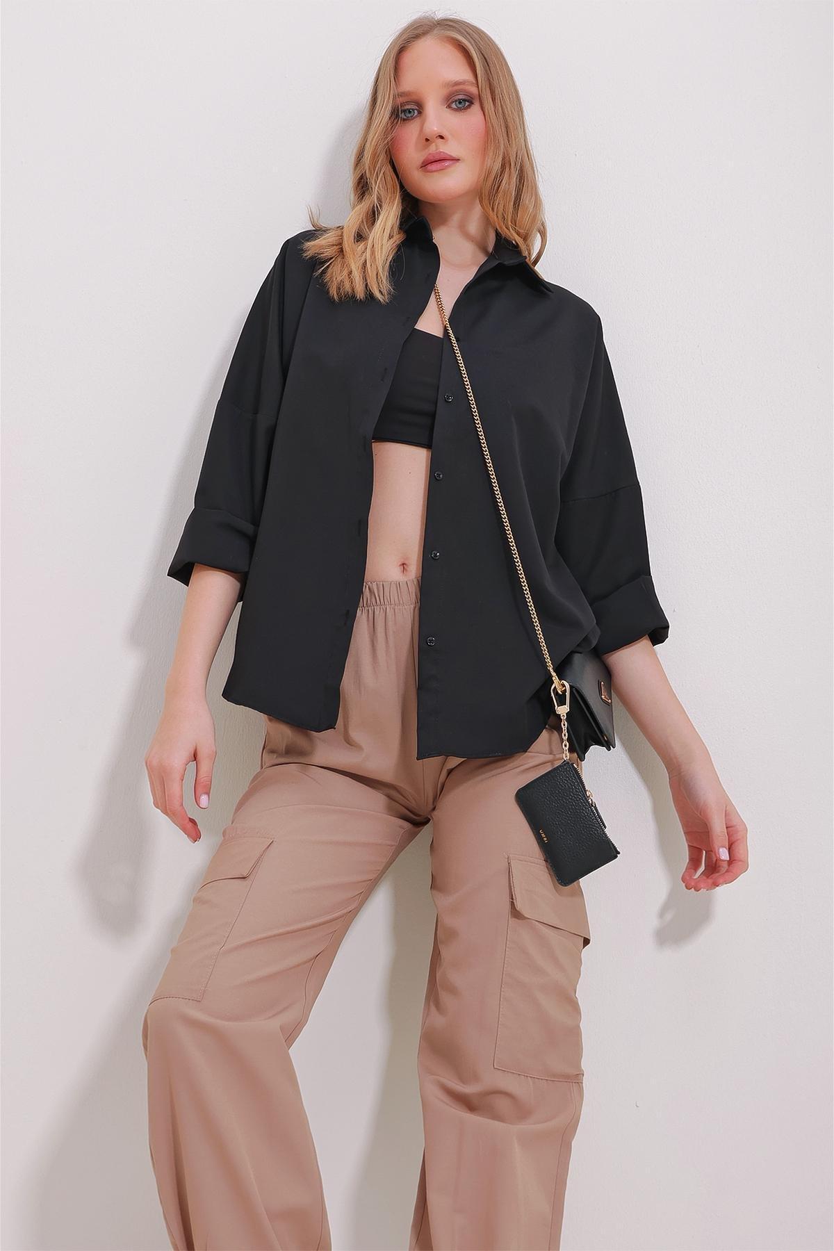 Black Cuffed Cotton Basic Shirt, , large image number 0