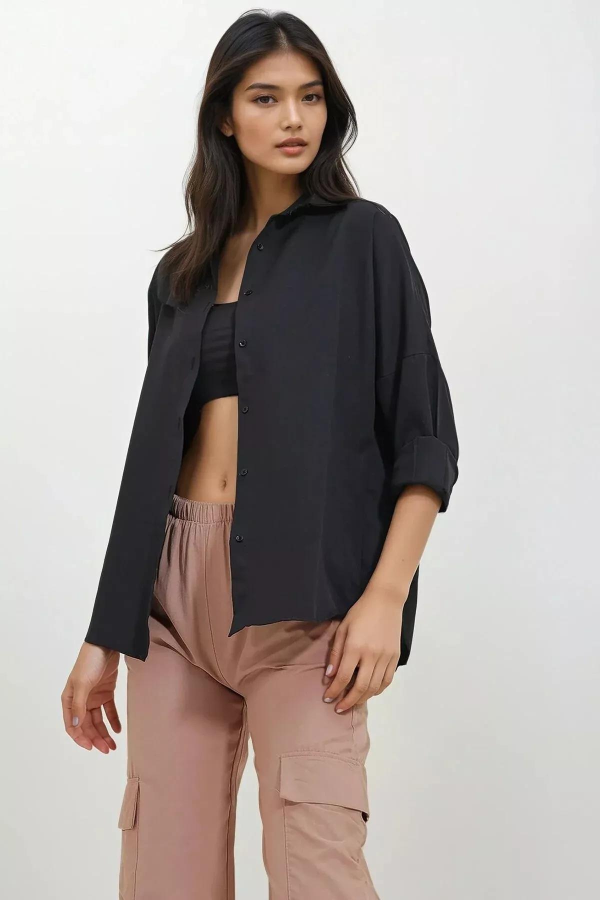 Black Cuffed Cotton Basic Shirt, BLACK, medium