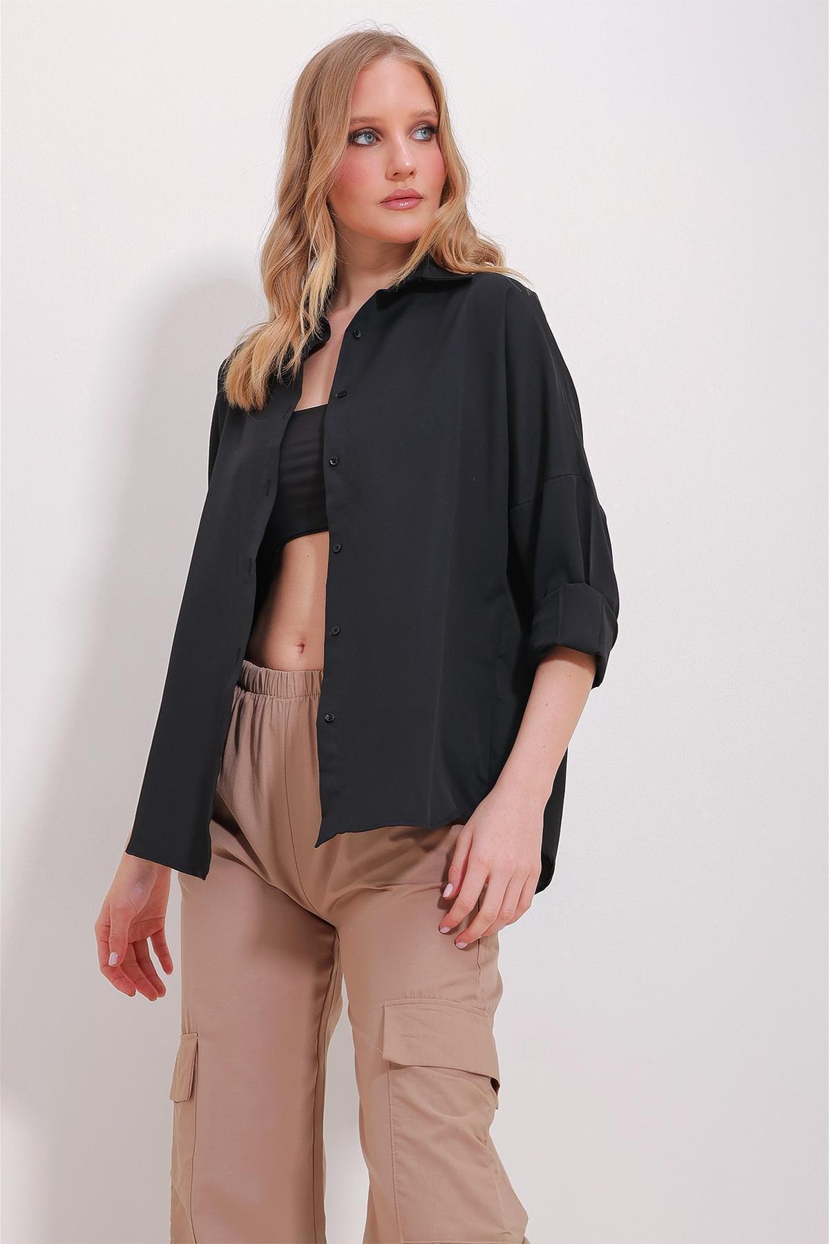Black Cuffed Cotton Basic Shirt, , large image number 2