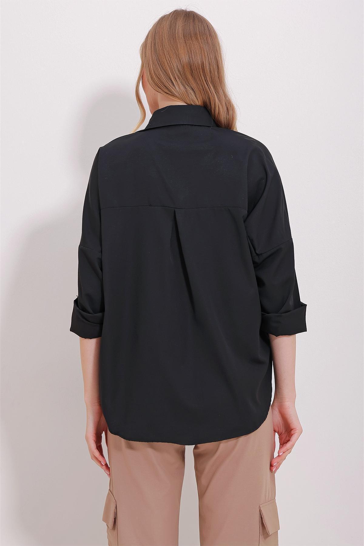 Black Cuffed Cotton Basic Shirt, , large image number 3