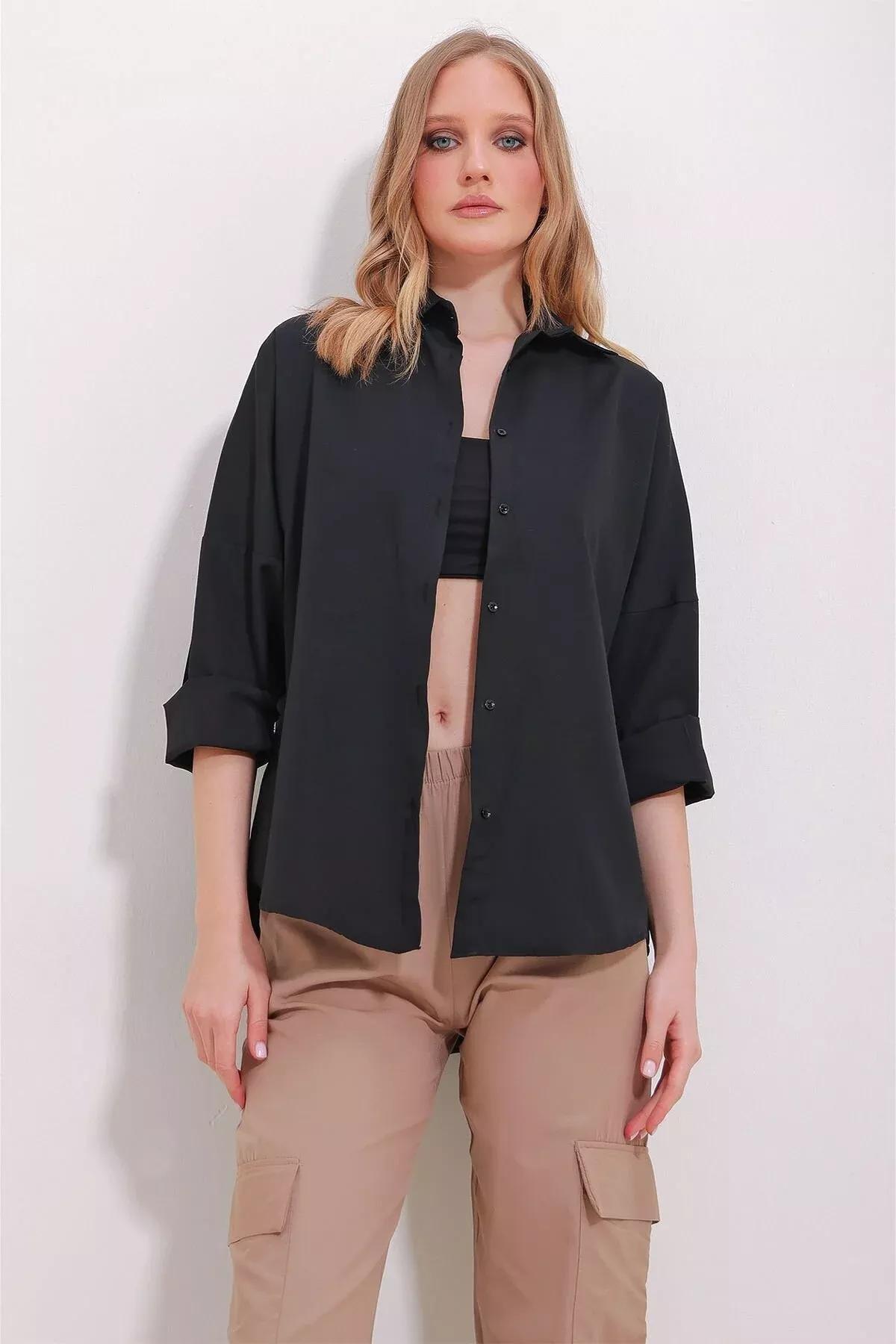 Black Cuffed Cotton Basic Shirt, BLACK, large image number 4