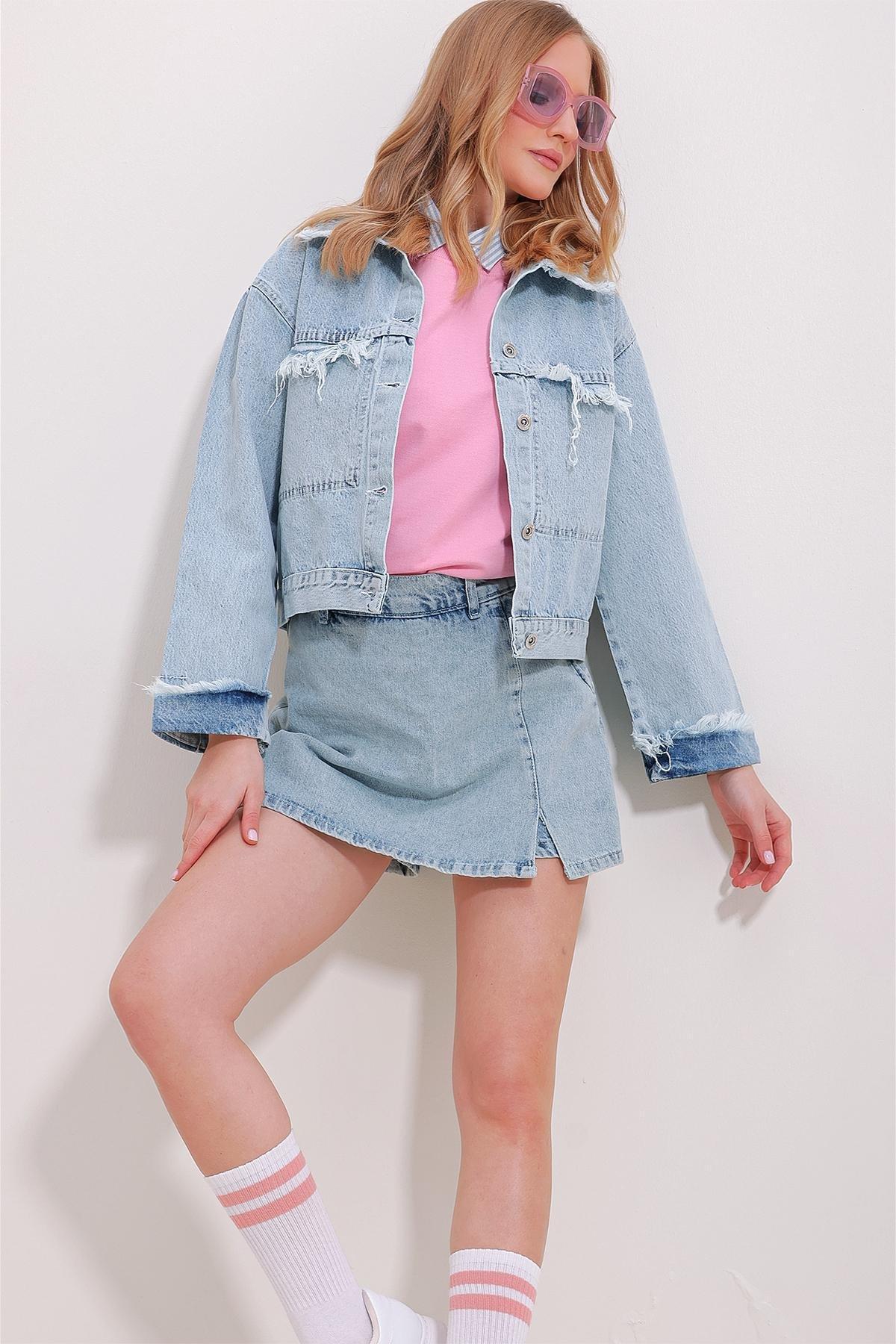 Blue Detailed Crop Denim Jacket, ICE BLUE, large image number 2