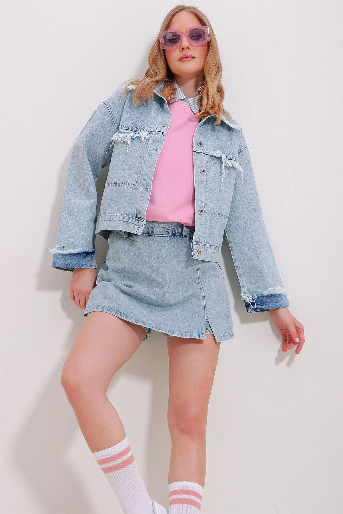 Blue Detailed Crop Denim Jacket, ICE BLUE, large image number 3